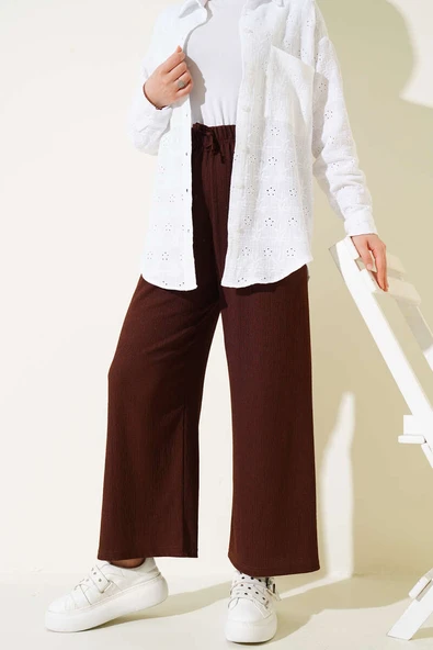 Bel İp Detaylı Bürümcük Pantolon Kahve ürün görseli 1