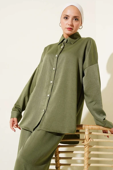 Taş Düğme Detaylı İkili Takım Haki - Resim 2