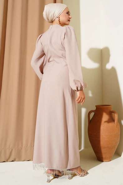 Püskül Taşlı Yan Bağlamalı Abiye Elbise Bej - Resim 3