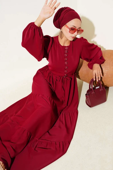 Yarım Düğmeli Belden Tünelli Elbise Bordo ürün görseli 1