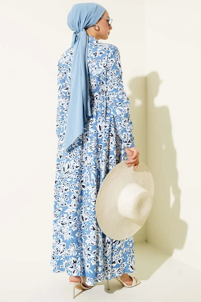 Hakim Yaka Bel Tünelli Desenli Elbise Mavi - Resim 3
