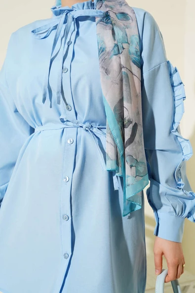 Kol Fırfırlı İp Kuşaklı Gömlek Bebe Mavi - Resim 4