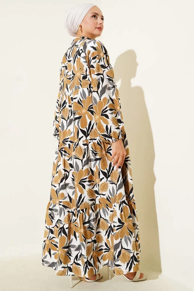 Hakim Yaka Floral Desenli Elbise Hardal - Resim 3