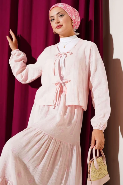 Çiçekli Yaprak Nakışlı Etekli İkili Takım Pembe - Resim 2