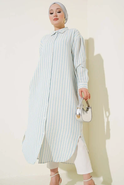 Dik Çizgili Uzun Keten Gömlek Buz Mavisi ürün görseli 1