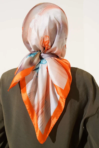 Çiçek Desen Twill Eşarp Oranj - Resim 3