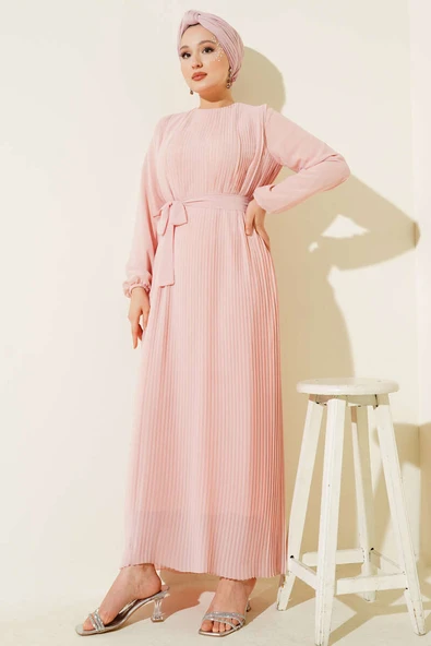 Sık Pileli Şifon Elbise Pudra ürün görseli 1