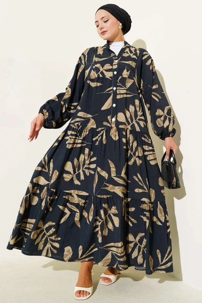 Geniş Yaprak Desenli Yarım Düğmeli Elbise Siyah ürün görseli 1