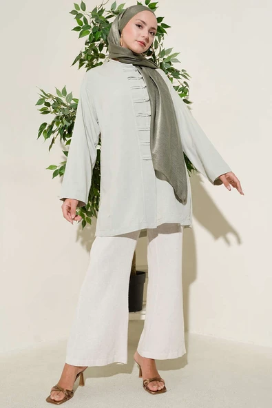 Önü Düğme Detaylı Keten Tunik Çağla Yeşili - Resim 2