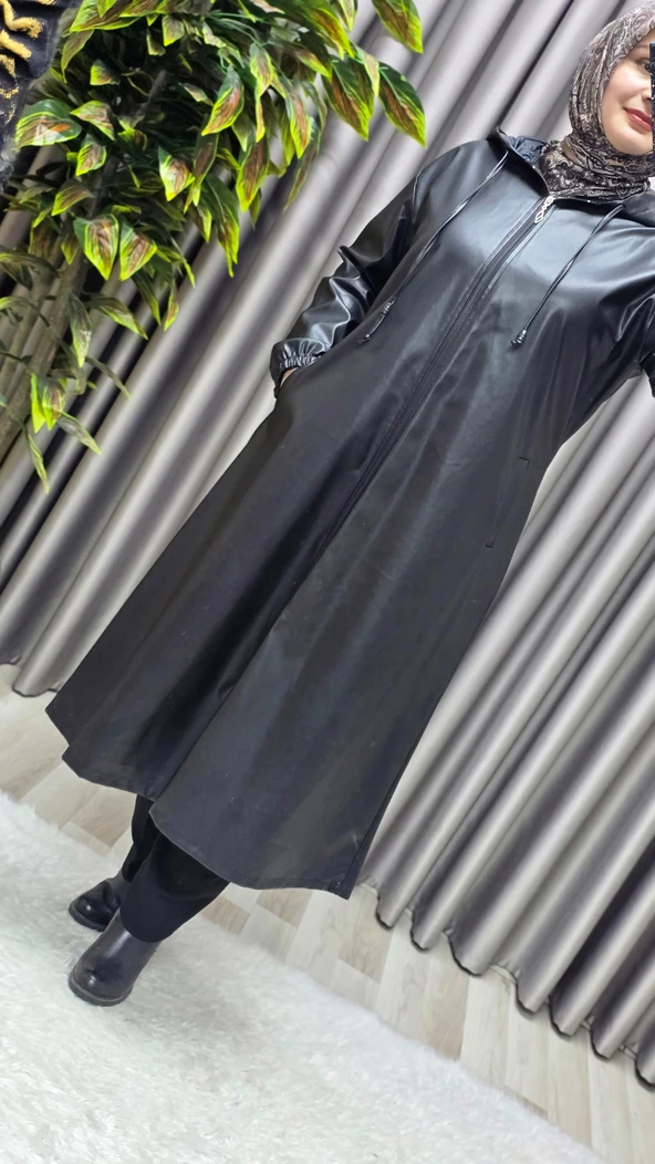 Kadın Büyük Beden Kapşonlu Fermuarlı Suni Deri Tesettür Kap Su Geçirmez Dış Giyim - Resim 9