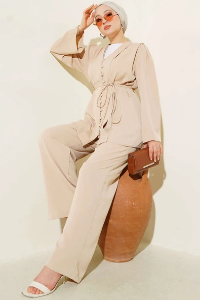 Brit Düğmeli İp Kuşaklı Tunik İkili Takım Bej ürün görseli 1
