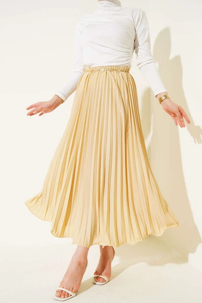 Fırfırlı Pileli Bel Lastikli Etek Kum Bej