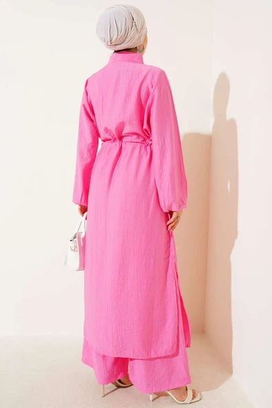 Bel Tünelli Yan Yırtmaçlı Uzun Tunik İkili Takım Pembe - Resim 3