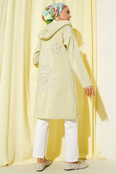 Taşlı Nakış Detaylı Kapüşonlu Kap Su Yeşili - Resim 3