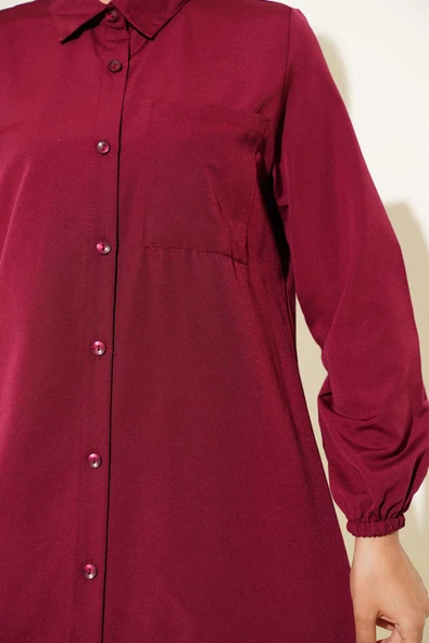 Gömlek Yaka Tek Cepli Uzun Gömlek Bordo - Resim 4