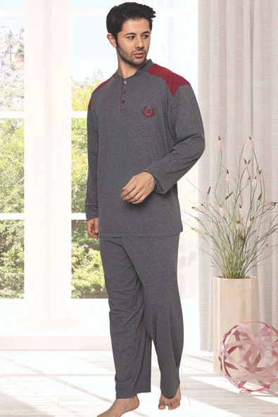 Garnili Uzun Kol Büyük Beden Pijama Takım Füme ürün görseli 1