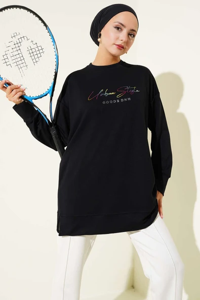 Loyşa Renkli Yazılı Tunik Siyah ürün görseli 1