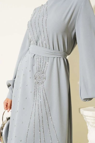 Taş Şerit Geçişli Kuşaklı Abiye Elbise Gri - Resim 4