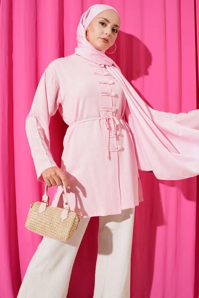 Önü Düğme Detaylı Keten Tunik Pembe ürün görseli