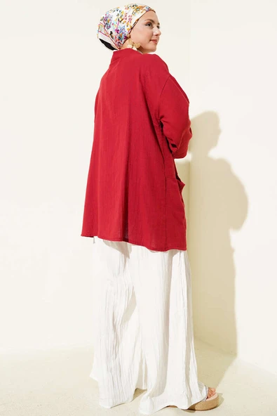 Çift Cepli Müslin Hırka Bordo - Resim 3