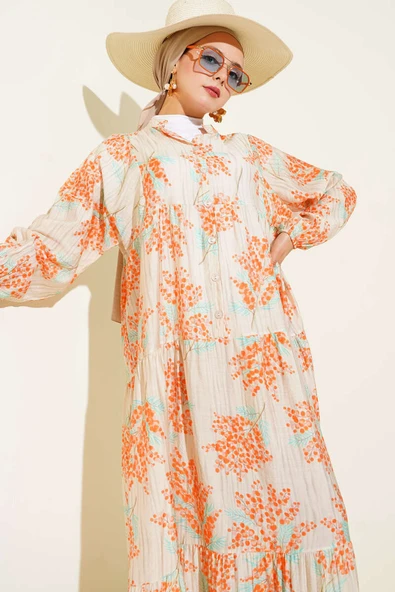 Çiçek Detaylı Yarım Düğmeli Elbise Oranj - Resim 2