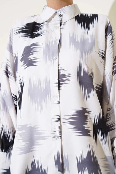 Fırça Desenli Bilek Manşetli Gömlek Siyah - Resim 4