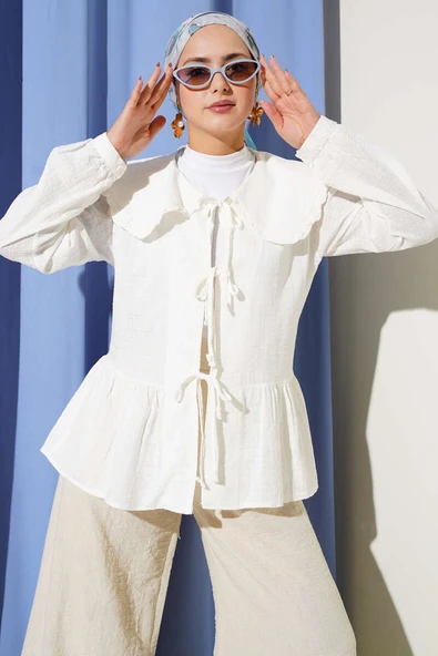 Bebe Yaka İp Bağlamalı Kimono Ekru ürün görseli 1