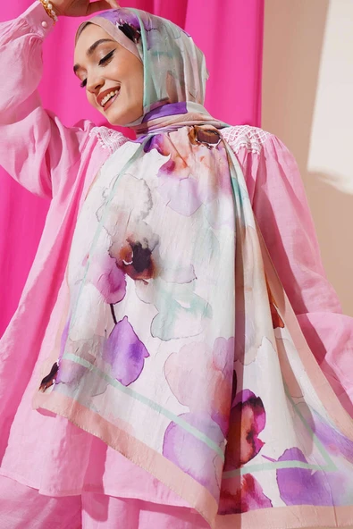 Çiçek Desenli Bambu Şal Bej Yeşil - Resim 2