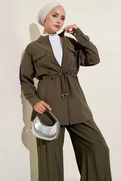 Fermuarlı Beli Tünelli İkili Takım Haki - Resim 2