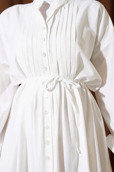 Önü Nervürlü İp Kuşaklı Elbise Beyaz - Resim 4