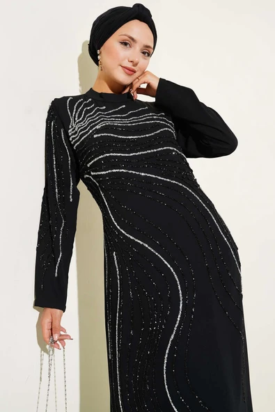 Taş Süs Detaylı Abiye Elbise Siyah - 2