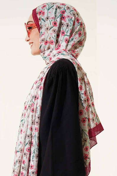 Papatya Desen Bambu Kraş Şal Ekru - Resim 3