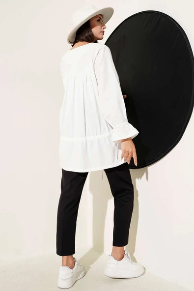 Tünelli Büzgülü Kimono Beyaz - Resim 3