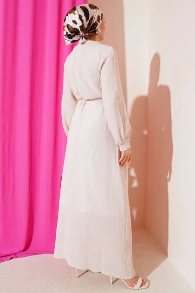 Pelerinli İp Kuşaklı Elbise Bej - Resim 3