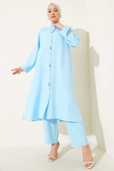 Önü Taş Detaylı Uzun Tunik İkili Takım Bebe Mavi ürün görseli 1