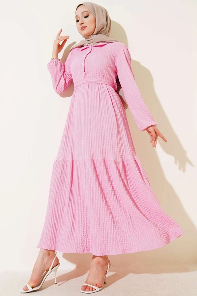 Yarım Düğmeli Gofre Elbise Pembe ürün görseli 1