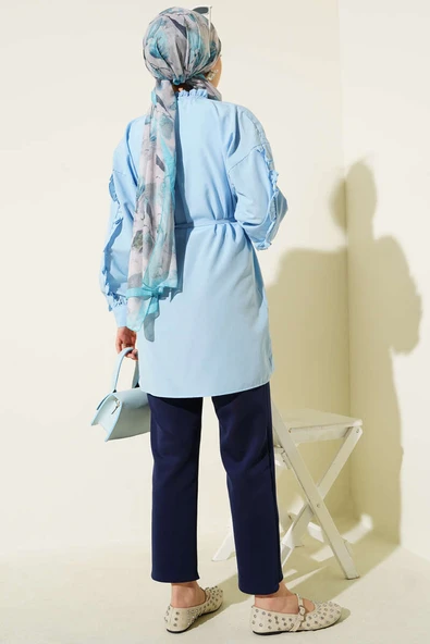 Kol Fırfırlı İp Kuşaklı Gömlek Bebe Mavi - Resim 3