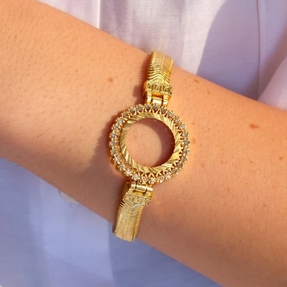 Altın Kaplama İmitasyon Zirkon Taşlı İşlemeli İtalyan  Çeyrek Çerçeve Bileklik BLK-1167 - Resim 2
