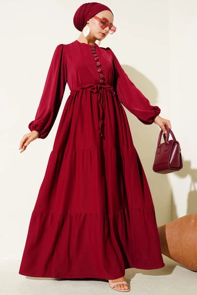 Yarım Düğmeli Belden Tünelli Elbise Bordo - Resim 2