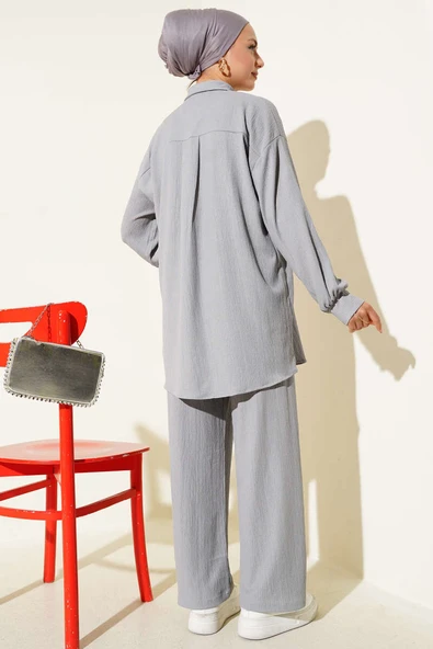 Gömlek Yaka Bürümcük İkili Takım Gri - Resim 3