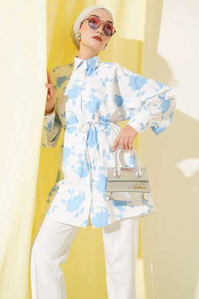 Minik Yaprak Desenli İp Kuşaklı Gömlek Mavi ürün görseli