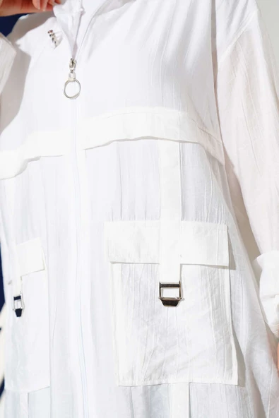 Çift Cepli Kapüşonlu Kap Beyaz - Resim 4