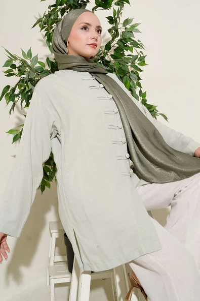 Önü Düğme Detaylı Keten Tunik Çağla Yeşili ürün görseli 1