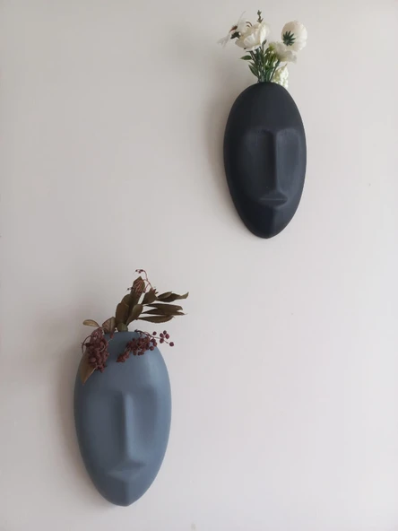 Dekoratif 2'li Yüz Duvar Vazosu, Duvar Süsü ,Heykel Aksesuar Siyah Gri Maske ürün görseli 1