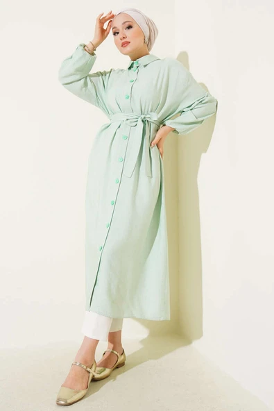 İp Bağcıklı Önden Düğmeli Uzun Tunik Su Yeşili ürün görseli 1