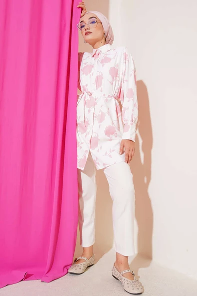 Minik Yaprak Desenli İp Kuşaklı Gömlek Pembe - Resim 2