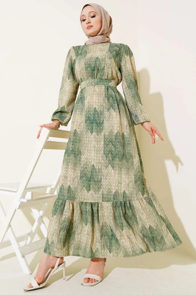 Desenli Viscon Elbise Yeşil ürün görseli 1