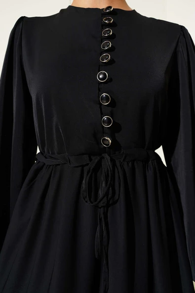 Yarım Düğmeli Belden Tünelli Elbise Siyah - 4