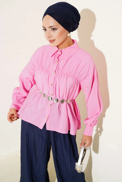 Önü Büzgülü İp Bağcıklı Gömlek Pembe ürün görseli 1