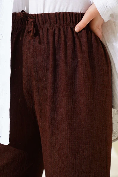 Bel İp Detaylı Bürümcük Pantolon Kahve - Resim 4